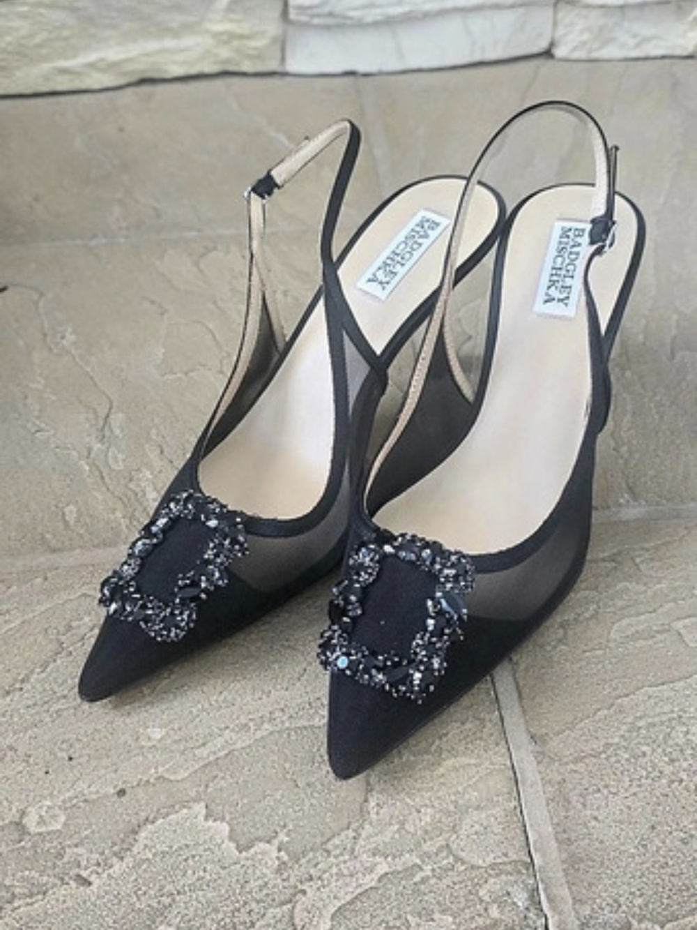 Badgley Mischka Black Embellished Slingback Heels US 8.5 Like New